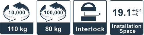110kg 10,000 times / 80kg 100,000 times / Interlock / 19.1+0.4-0 installation space