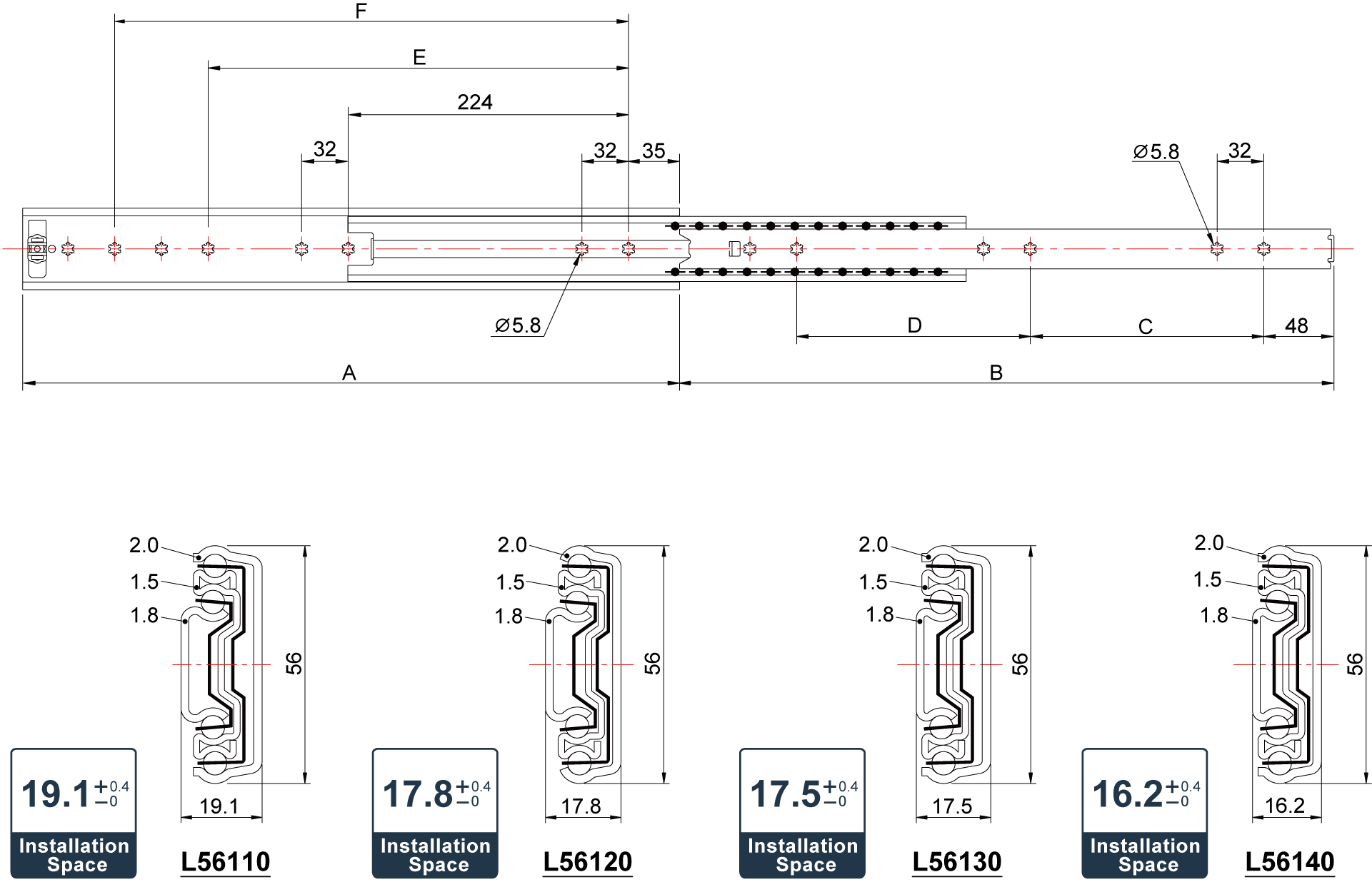 Normal Detent-in 124KG L56 Series industrial telescopic slides,heavy duty industrial slides,industrial slide rails,industrial drawer slides,heavy duty industrial drawer slides,drawer slides heavy duty industrial